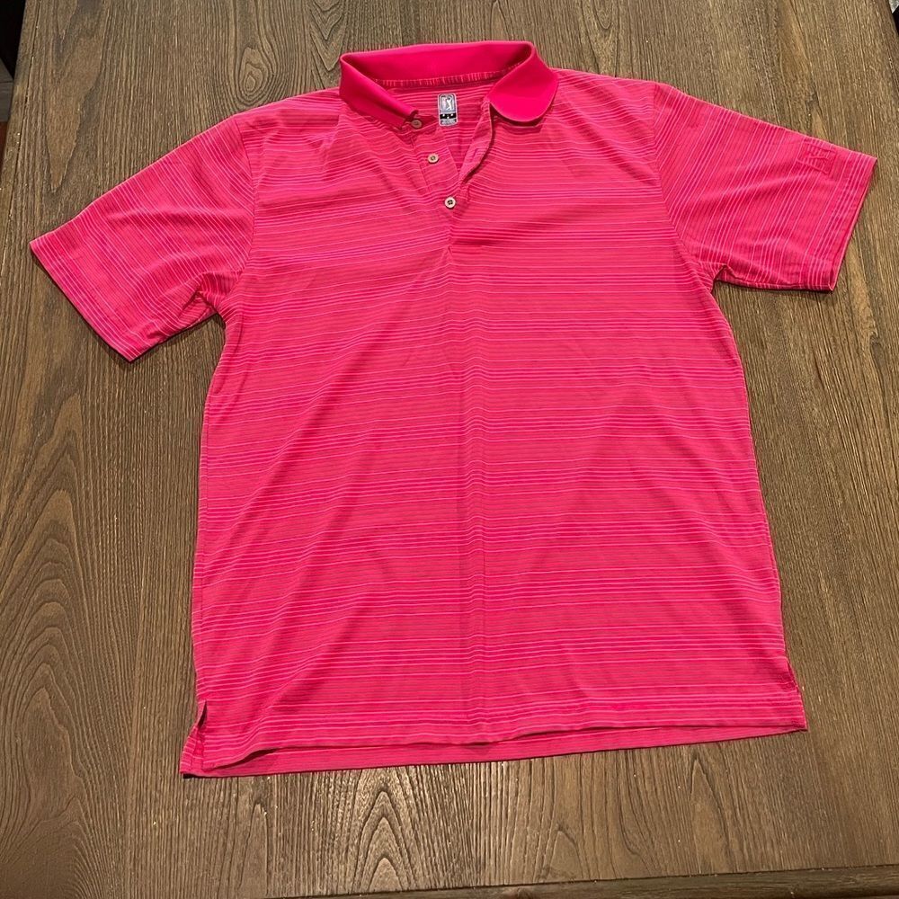 PGA Tour Mens Golf Short Sleeve Polo Pink Striped Size M